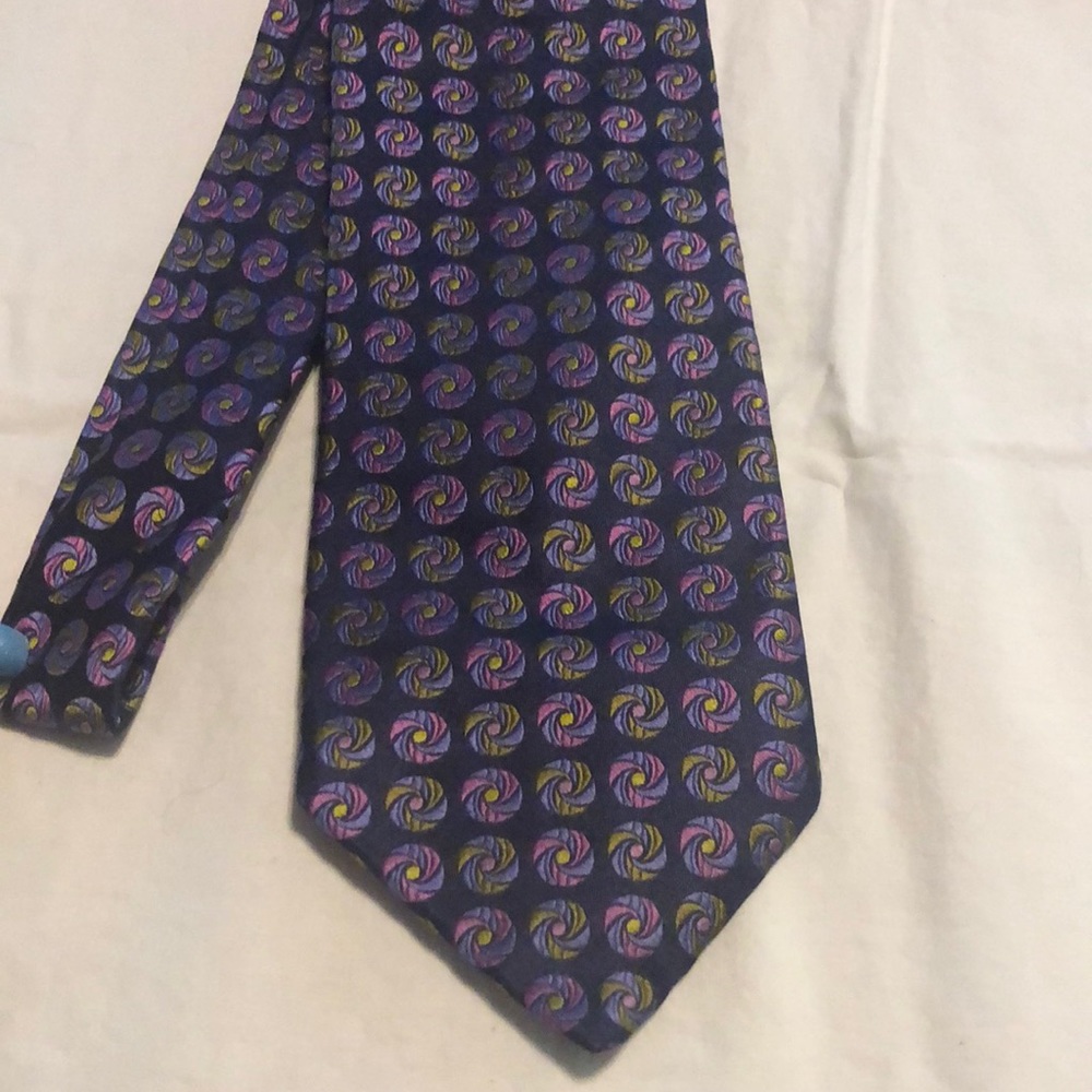 Ted Baker navy silk tie with pink, purple and green pinwheel style circles